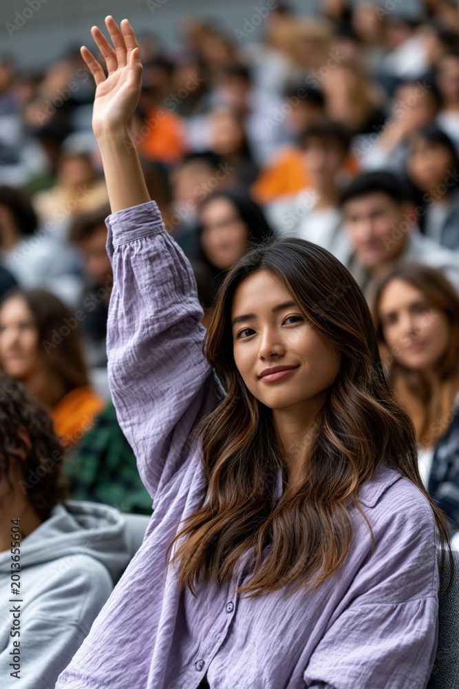 Fototapeta premium Young woman raising hand while seated in crowded lecture hall