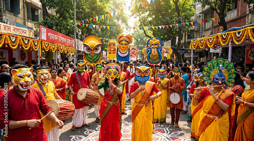Vibrant Bengali New Year Celebration Known as Pohela Boishakh Observed with Traditional Folk Parade and Colorful Cultural Heritage Festivity Across Bangladesh and India Bengal Region
