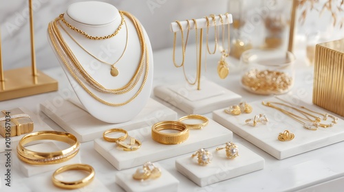 Luxury Gold Jewelry Collection Displayed on Elegant White and Gold Stands