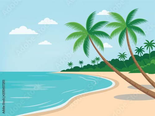 A serene tropical paradise features a lone coconut palm tree on a white sand beach overlooking the turquoise Caribbean sea and clear blue sky during a perfect summer holiday vacation.