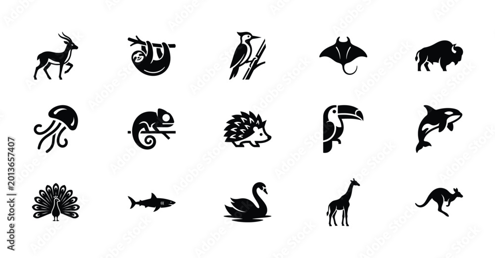 Naklejka premium Minimalist animal icons set, 15 black vector silhouettes of wild animals and birds, modern nature wildlife symbols for logo design and branding