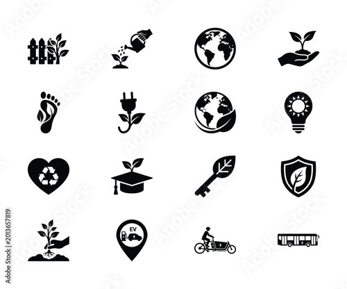 Obraz na plátně Eco friendly sustainability icons set, 16 black environmental conservation vecto