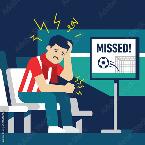 Frustrated fan reacting to missed goal on television screen in flat graphic illustration