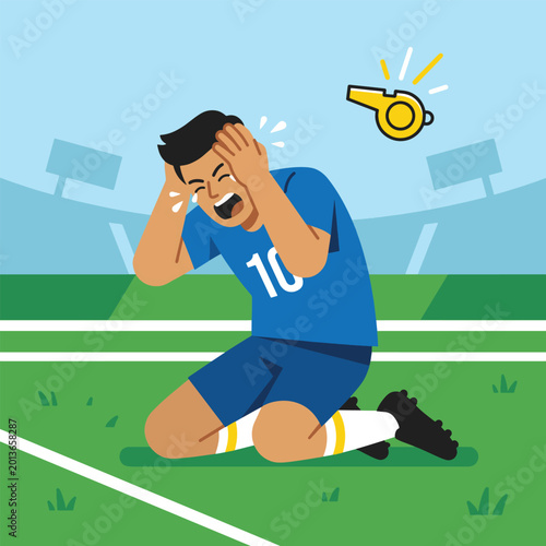 Soccer player celebrating victory with raised arms after whistle blow illustration