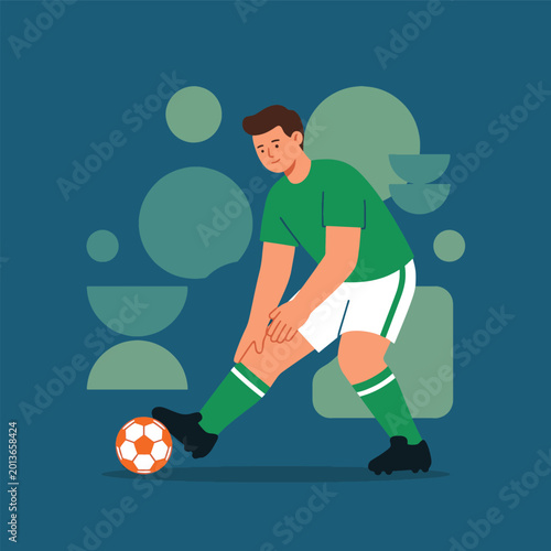 Professional soccer player in green uniform dribbling ball on abstract background illustration
