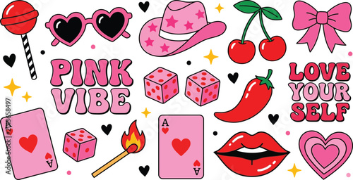 Pink Vibe Sticker Set: Trendy Y2K Aesthetic Icons and Love Themes