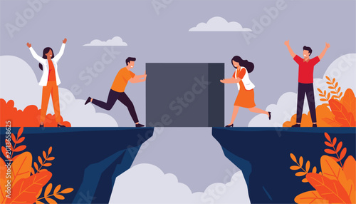 Vector teamwork concept illustration with people building a bridge across a gap