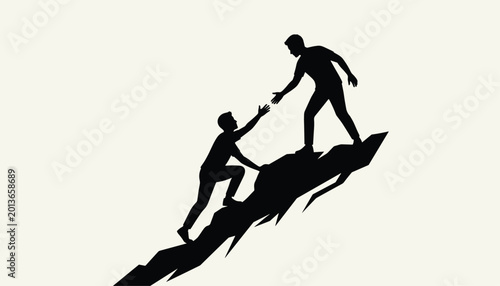 Vector silhouette of a person helping another person climb a mountain