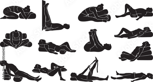 Tableau sur toile Set of black silhouettes showing people doing restorative yoga poses with pillow