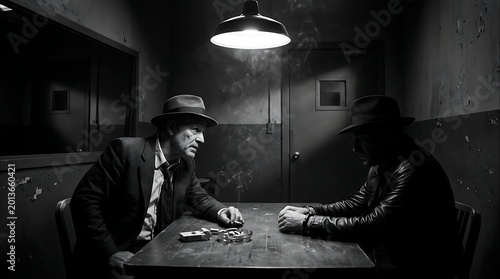 Two men in hats sit at a table in a dimly lit room, one smoking a cigarette.