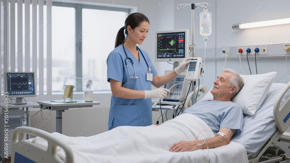 Obraz premium Nurse Monitoring Senior Male Patient's Vital Signs in Hospital Room