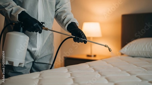 Professional pest control technician disinfecting and sanitizing a bed with spray gun in a modern bedroom for hygiene and cleanliness assurance
