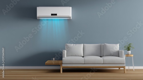 Modern Living Room Interior with Wall-Mounted Air Conditioner and Sofa