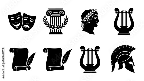 Foto Ancient Greek and Roman Culture Icons Set: Theatre Masks, Column, Laurel Wreath,