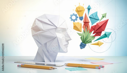 Creative origami head with colorful paper rockets and light bulb symbolizing innovative thinking and development on desk with pencils and ruler