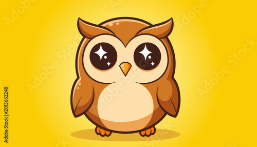 Cute cartoon owl with big sparkling eyes and brown feathers standing on yellow background, adorable and charming animal illustration
