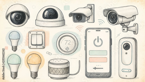 Smart home devices and security cameras with light bulbs, thermostat, switch, speaker, and smartphone control interface, hand drawn style