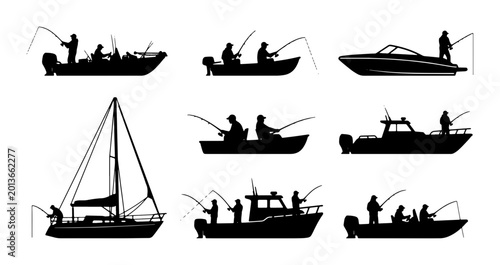 Photography Fishing Boat Silhouettes: Diverse Vessels for Anglers, Recreational Boating, and