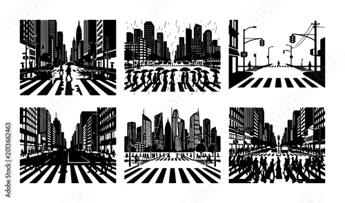 Photography Modern Cityscape Vector Icons, Urban Street Scenes, Pedestrian Crosswalks, Black