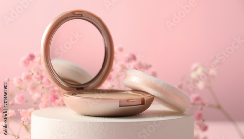Compact powder makeup with mirror and applicator sponge on white pedestal, soft pink background with delicate flowers creating gentle mood