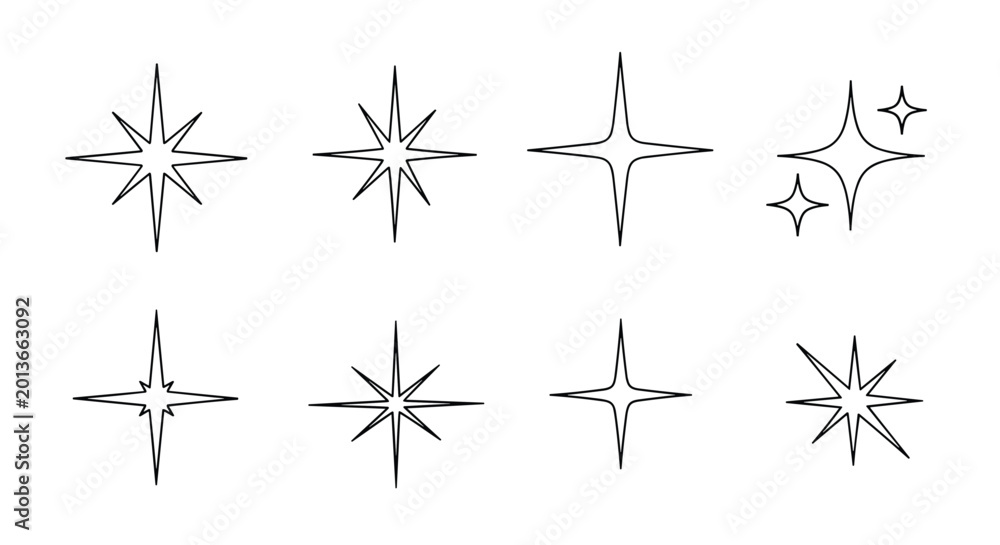 Obraz premium Collection of eight different black outline star and sparkle shapes displayed in two rows on a plain white background.