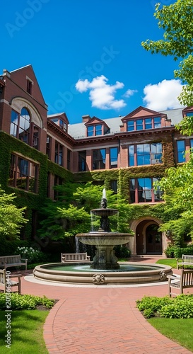Historic brick courtyard with a fountain, lush greenery, and classic architecture
