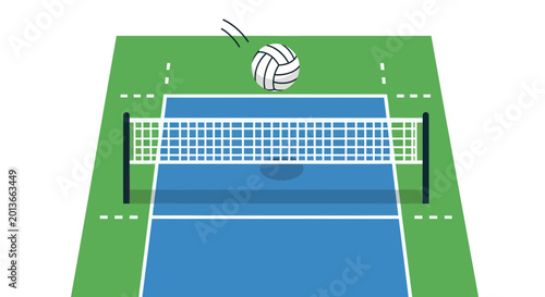 Tableau sur toile Volleyball game, court with net, ball in air, sports concept, top view