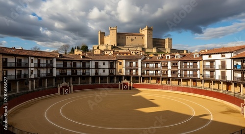 Historic bullring and fortified town square, bathed in dramatic sunlight