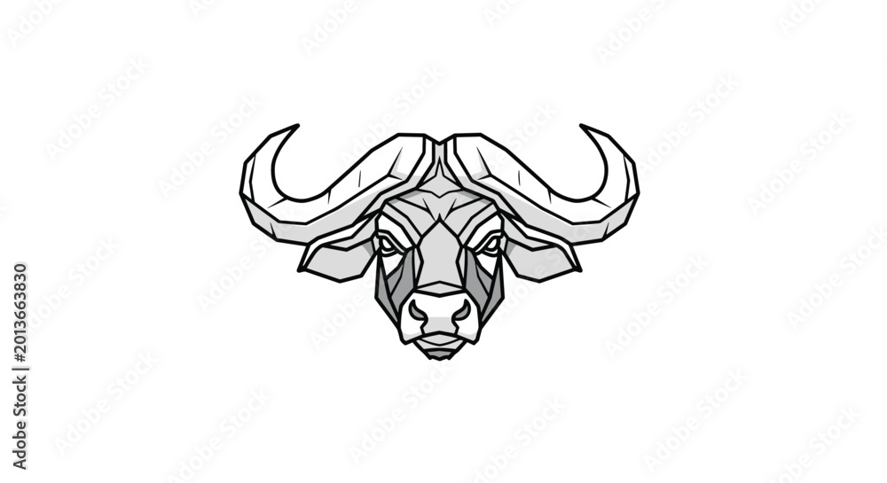 Fototapeta premium Geometric line art illustration of a buffalo head uses gray tones and bold outlines to create a modern and powerful animal portrait on white.