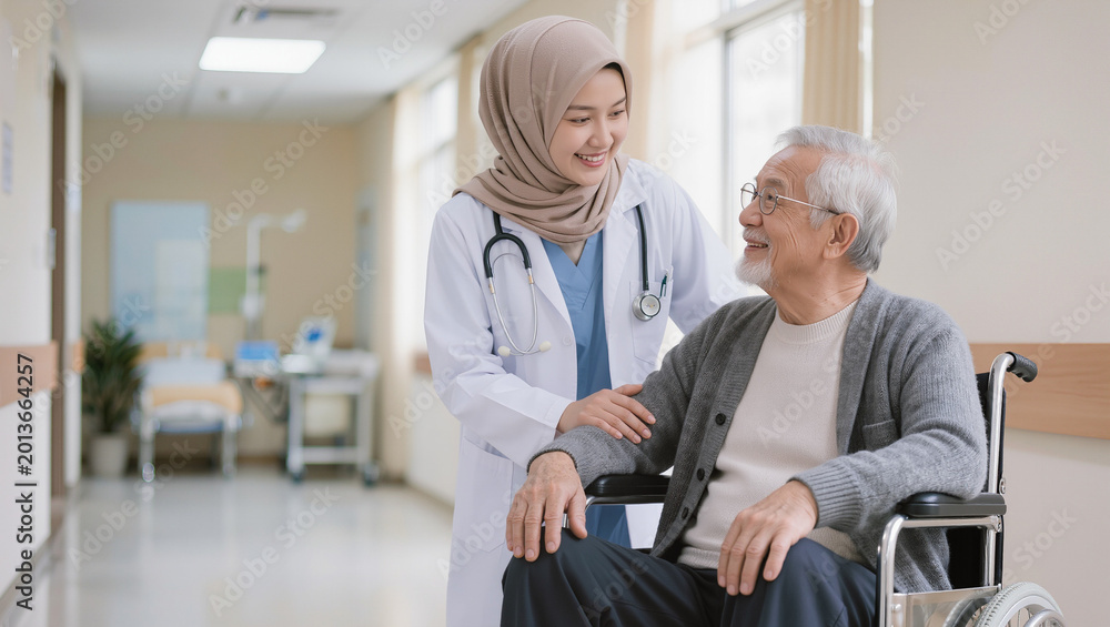 Obraz premium Smiling Muslim Doctor Aiding Elderly Man in Wheelchair in Hospital Hallway