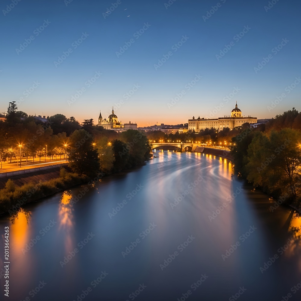Fototapeta premium Historic cityscape and river at twilight, illuminated buildings, gentle water flow