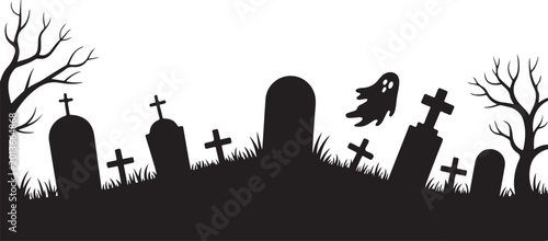 Halloween graveyard silhouette with tombstones, ghost and bare trees