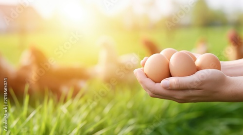 Hands holding four brown chicken eggs in sunny farm field