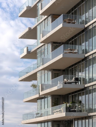 Luxury apartment tower balconies exterior detail with staggered design and contemporary railing systems. Modern architecture perfect for outdoor living space and upscale residential marketing.