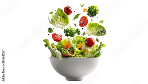 Fotografía Fresh Green Lettuce and Cherry Tomatoes Tossing into White Bowl