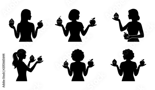 Schilderij op canvas Diverse Female Silhouettes Holding Fruits and Cupcakes, Vector Set for Healthy E