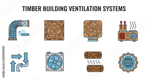 Billede på lærred Icons illustrating various components and processes of timber building ventilation systems, including ducts, fans, heat exchangers, and airflow diagrams
