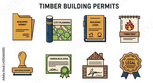 A collection of icons illustrating the various documents and processes involved in obtaining timber building permits, including planning, codes, fire tests, and legal approvals.
