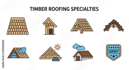 Foto Eight illustrated icons depicting timber roofing specialties such as wood shingl