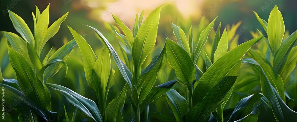 Fototapeta premium The vibrant green corn leaves soak warmth and peace in the golden summer glow
