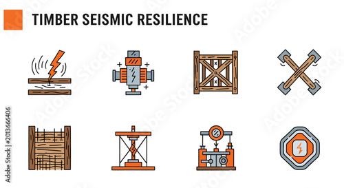 Foto Infographic with eight icons representing timber seismic resilience including se
