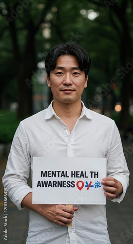 Asian Man Advocating for Mental Health Awareness, Holding Sign of Support