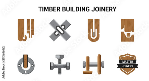 Canvas-taulu Infographic showing eight labeled timber building joinery techniques and a maste