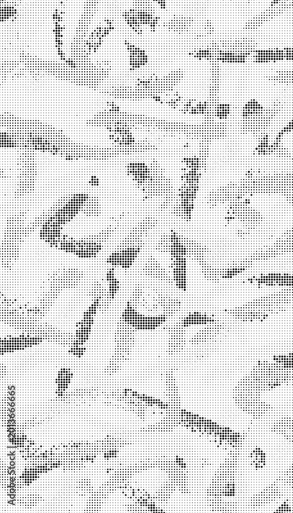 Fototapeta premium Abstract halftone pattern with scattered black dots and shapes