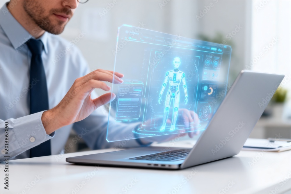 Fototapeta premium Man interacting with holographic human figure