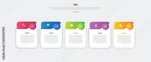 Table box base shape infographics gradient template diagram with folder folding paper inside with dotted outline and circle badge with 5 point step creative