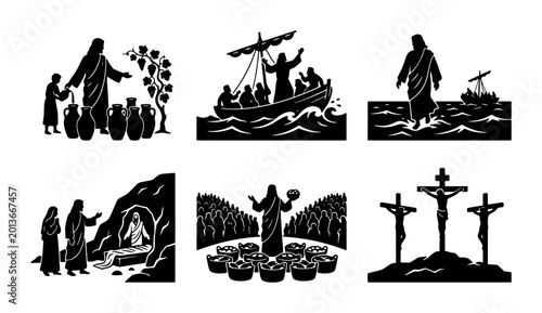 Obraz na płótnie Biblical Jesus Miracles Vector Icons Set, Religious Stories, Christian Faith Sym