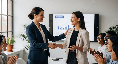 Two businesswomen shaking hands in front of a presentation screen in an office