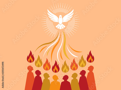 Pentecost illustration of holy spirit dove descending with fire on apostles silhouettes background