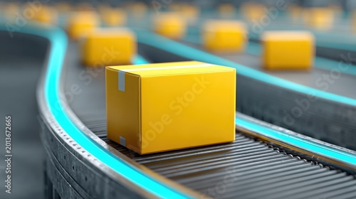 Yellow cardboard box on conveyor belt in modern distribution warehouse processing goods for efficient shipping and logistics